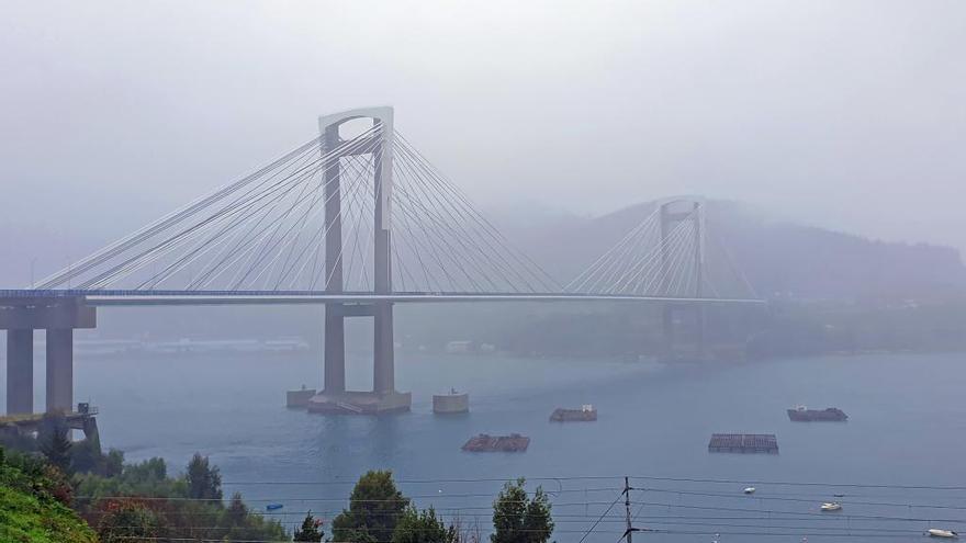 El puente de Rande cubierto por la niebla esta tarde. // M.G. Brea