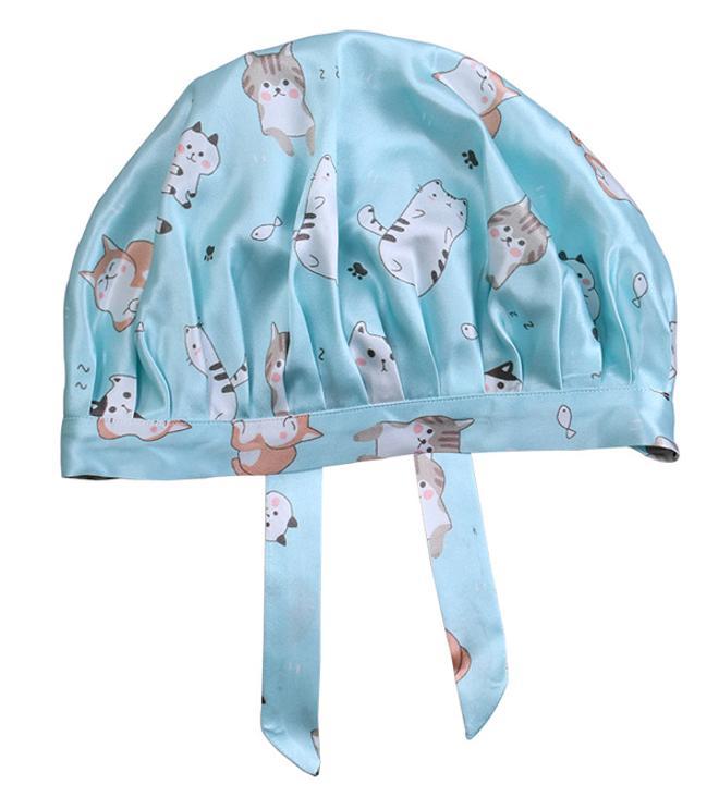 Gorro para dormir con cintas y detalle de gatos en 100% seda, lilysilk.com