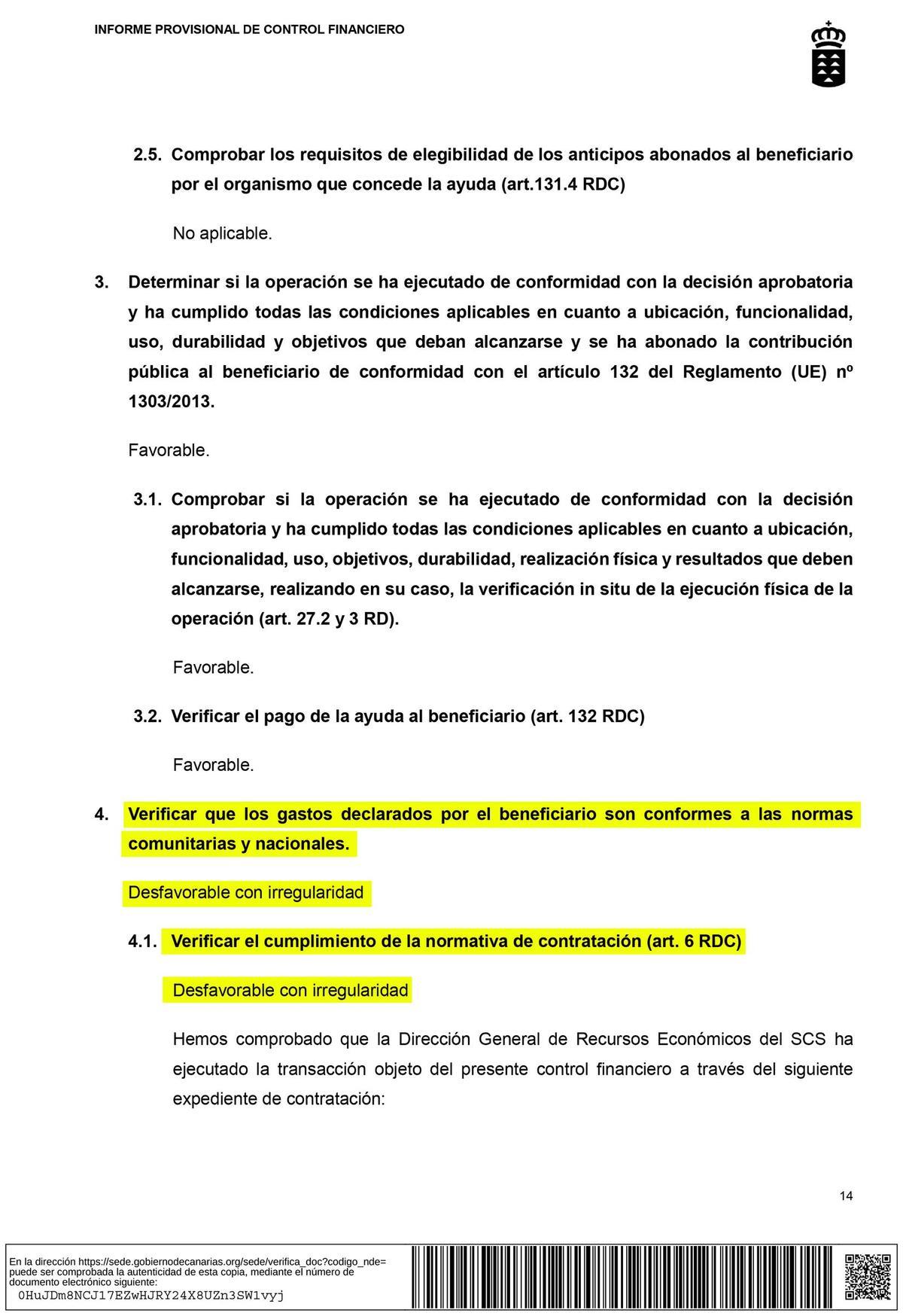 Informe de la Intervención General de Canarias que descubre las irregularidades en el contrato que cerró el SCS con la empresa Tanoja Service.