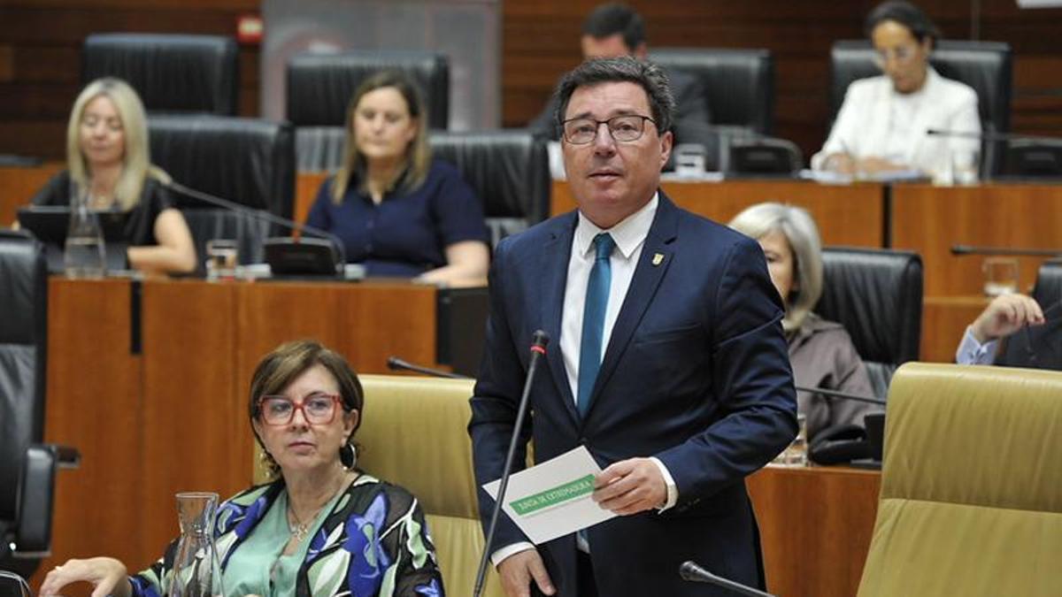 El consejero de Economía, Empleo y Transformación Digital, Guillermo Santamaría, en el pleno de la Asamblea de Extremadura.