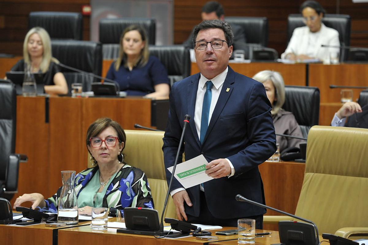 El consejero de Economía, Empleo y Transformación Digital, Guillermo Santamaría, en el pleno de la Asamblea de Extremadura.