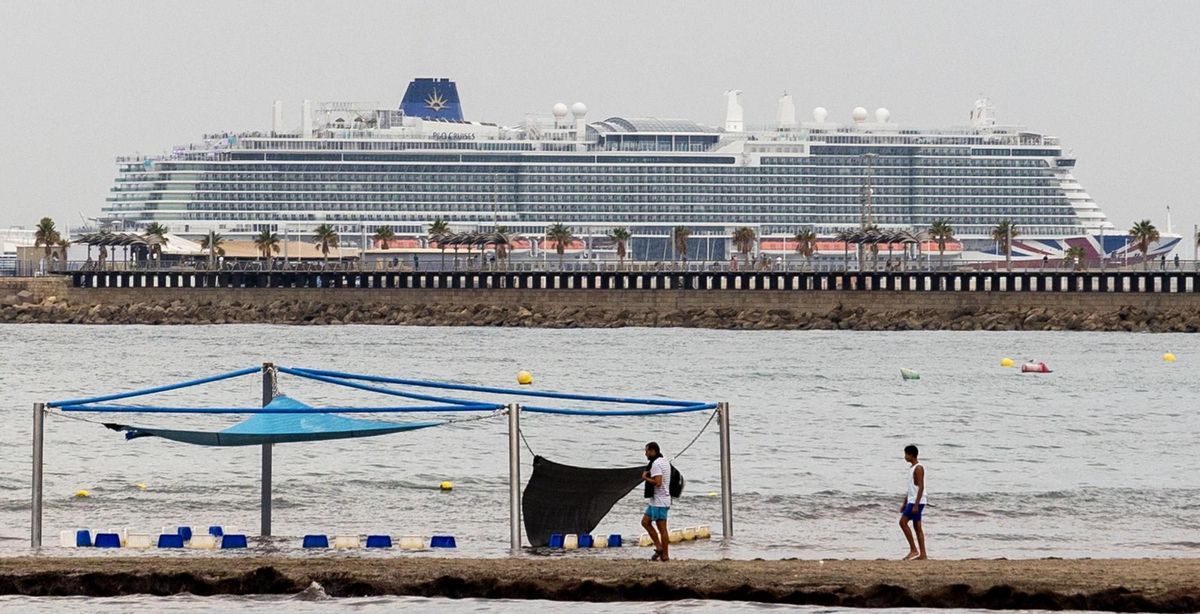A cruise docked in the port of Alicante.