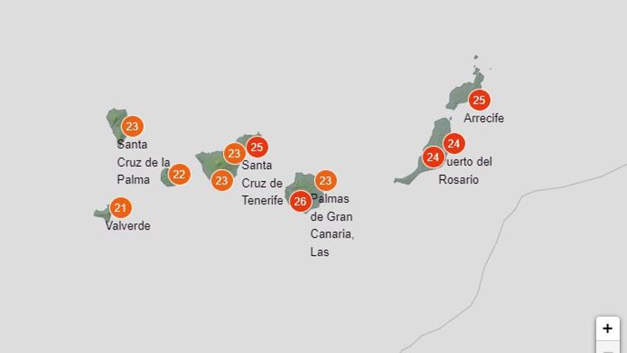 Temperaturas previstas en Canarias el miércoles 18 de mayo.