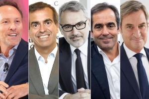 De izquierda a derecha: Nicolas Huss, CEO de Hotelbeds; Jordi Gallés, presidente ejecutivo de Europastry; Marc Puig, presidente y CEO de Puig; Carlos Muñoz, CEO de Volotea, y Jaume de Miquel, presidente y CEO de Tendam.