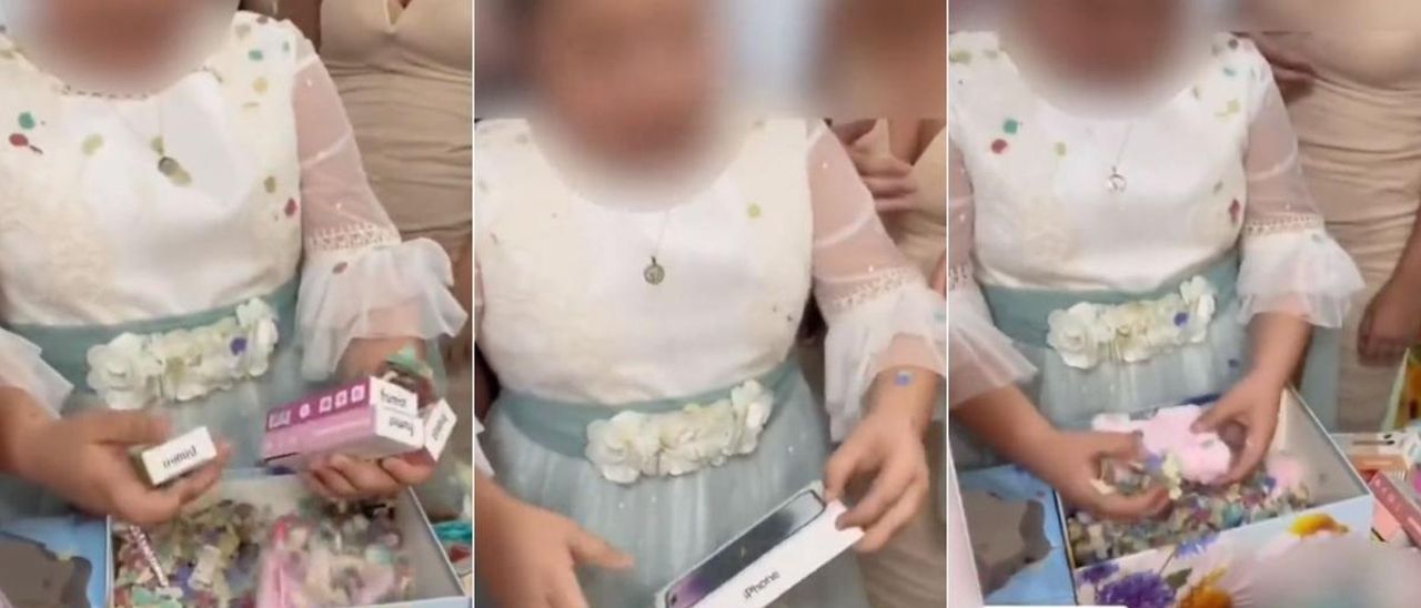 Varios fotogramas del vídeo en el que la niña abre sus regalos de comunión.