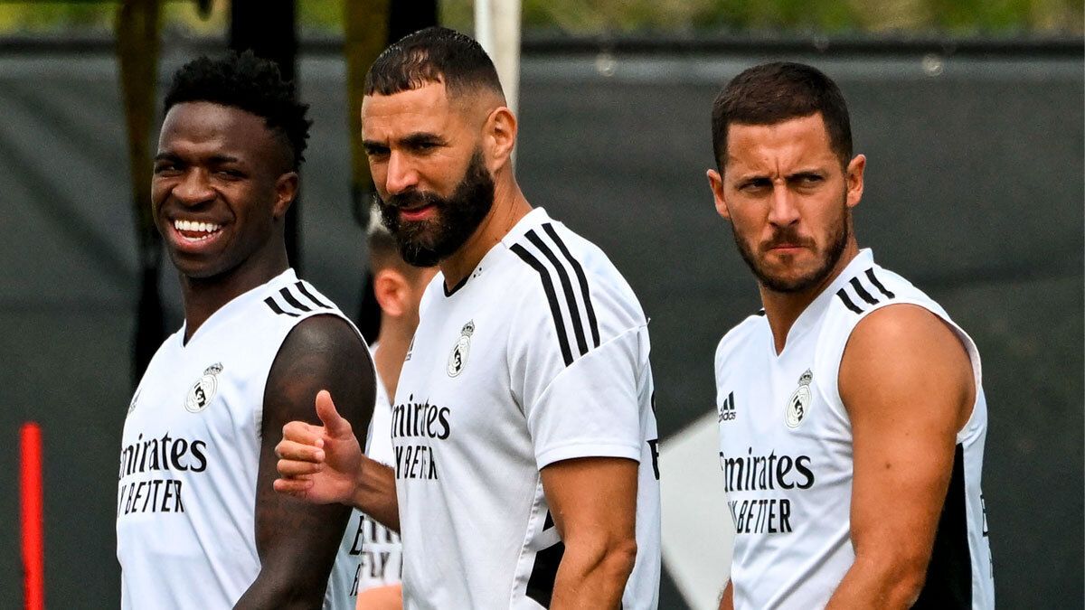 Vinicius, Benzema y Hazard, durante un entrenamiento de pretemporada en Estados Unidos.