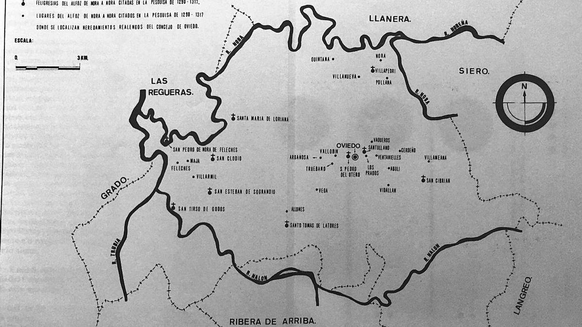 Arriba, el documento del privilegio de Alfonso IX, de los fondos del Archivo Municipal de Oviedo. Sobre estas líneas, mapa del alfoz de Oviedo, muy similar al concejo actual, obtenido del “Cuaderno de la pesquisa de las heredades realengas del concejo de Oviedo en el alfoz de Nora a Nora (1289-1377)”, de Juan Ignacio Ruiz de la Peña, publicado en el boletín del RIDEA.