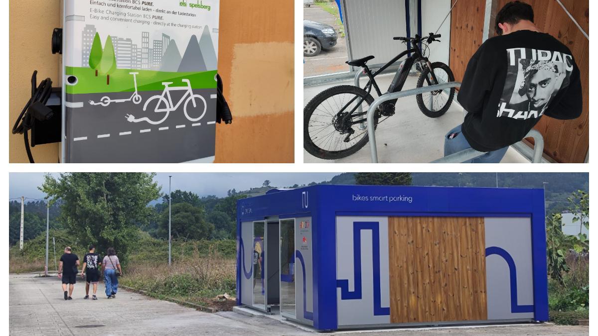 Arriba, a laizquierda, la caja del cargador para bicicletas eléctricas instalado cerca del Ayuntamiento. En las otras dos imágenes, interior de uno de los módulos de aparcamiento (El Charcón) y vista exterior de otro (La Cardosa) cuando aún no estaban finalizados.