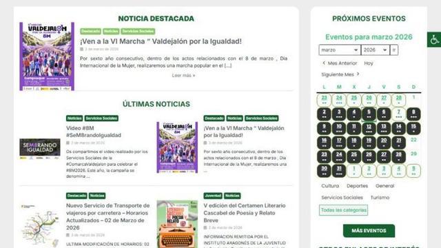 La web incorpora contenidos por áreas, noticias y eventos.
