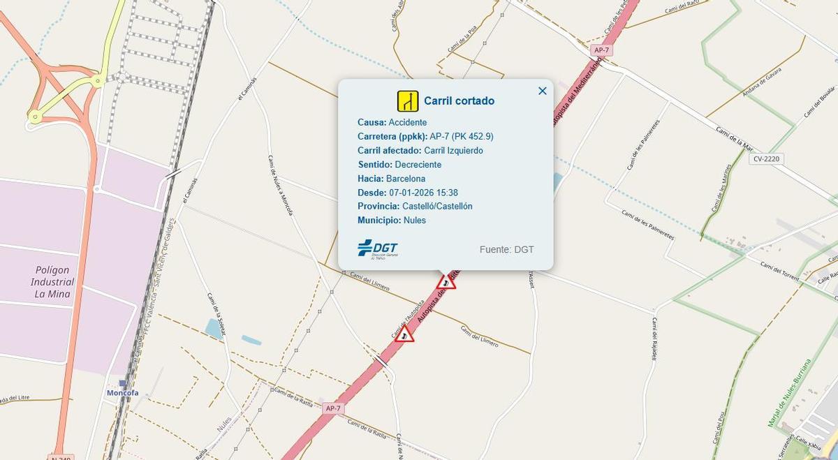 Imagen del aviso del accidente en la web de la DGT.