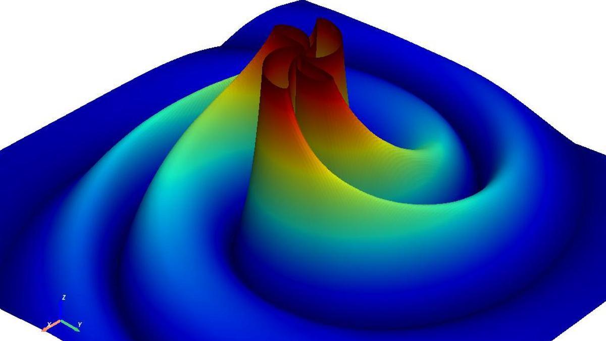 Representación artística de la fusión instantánea de dos agujeros negros.
