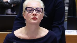 La esposa de Navalni, Yulia Navalnaya, durante su participación en la reunión de ministros de Exteriores de la UE, este lunes en Bruselas.