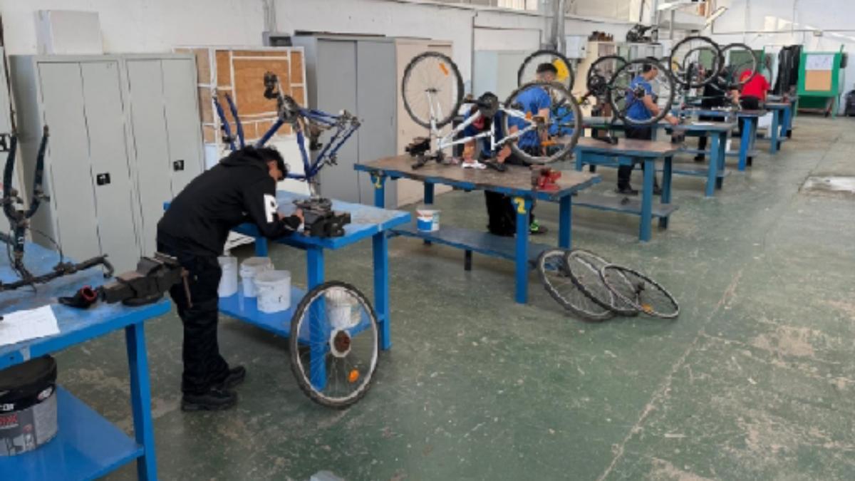 Algunos alumnos trabajan en la reparación de las bicicletas donadas.