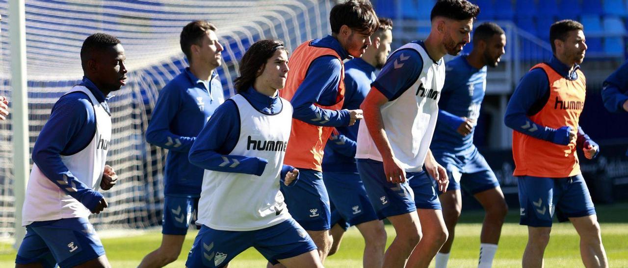 El Málaga CF se ejercitó ayer sobre el césped de La Rosaleda a tres días de la visita del Racing de Santander. | MÁLAGA CF