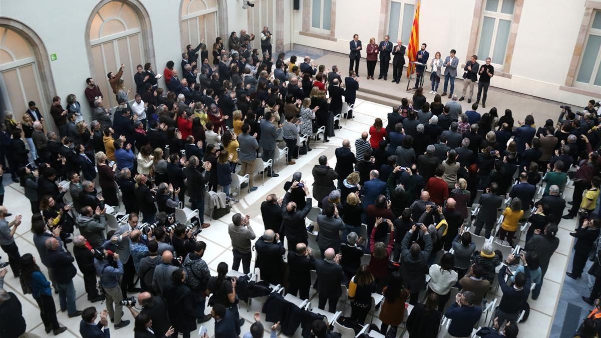 El auditorio del Parlament, durante la declaración institucional de Roger Torrent, este sábado.