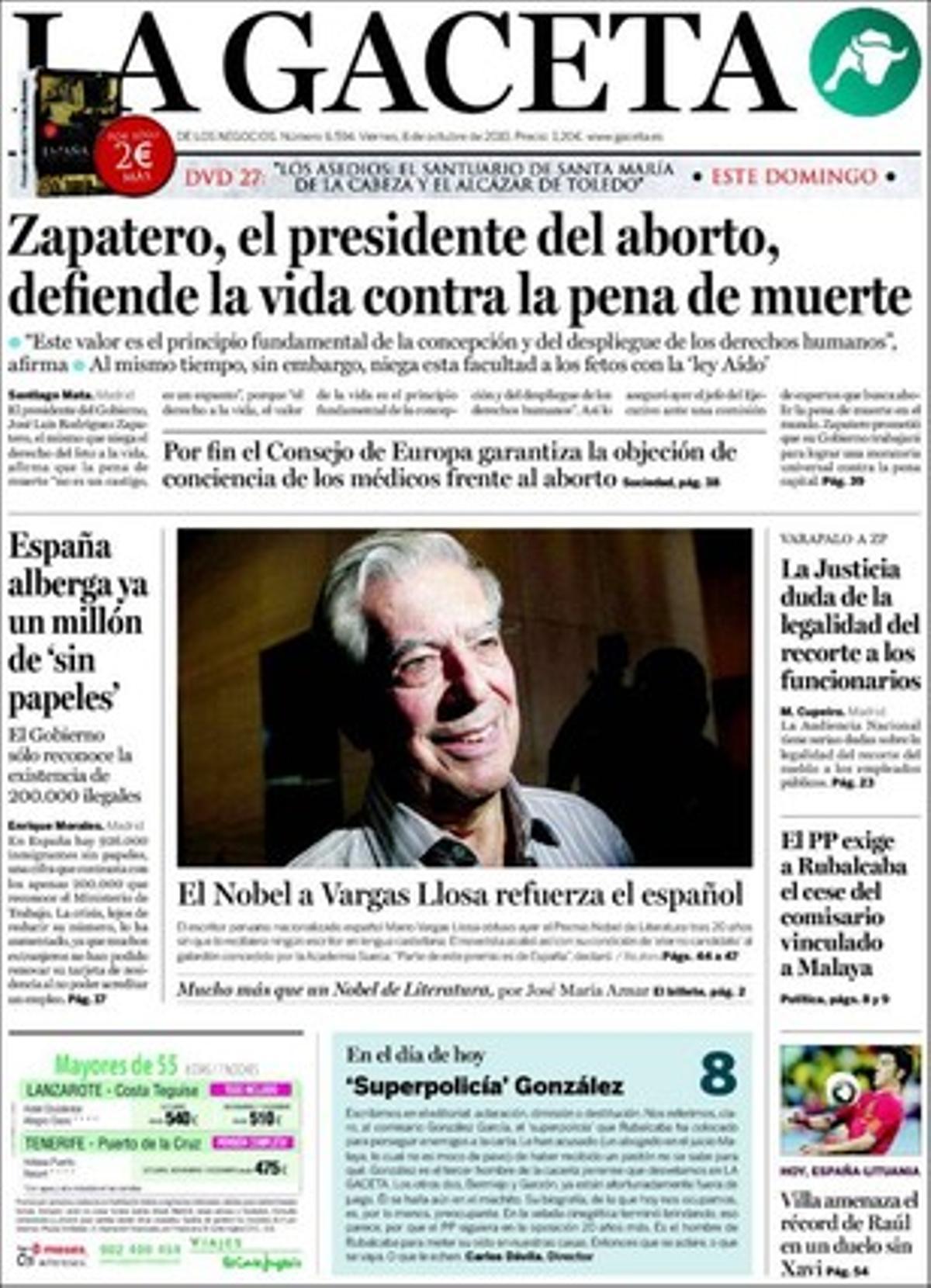 ’La Gaceta’ destaca que el Govern amaga 726.000 ’sense papers’ que sí que recullen les estadístiques oficials, amb la qual cosa el nombre d’indocumentats que hi hauria a Espanya s’acostaria al milió, i també que el PP aconsegueix frenar al Consell d’Europa una moció que demanava prohibir el ’no’ a l’avortament d’hospitals i infermers.