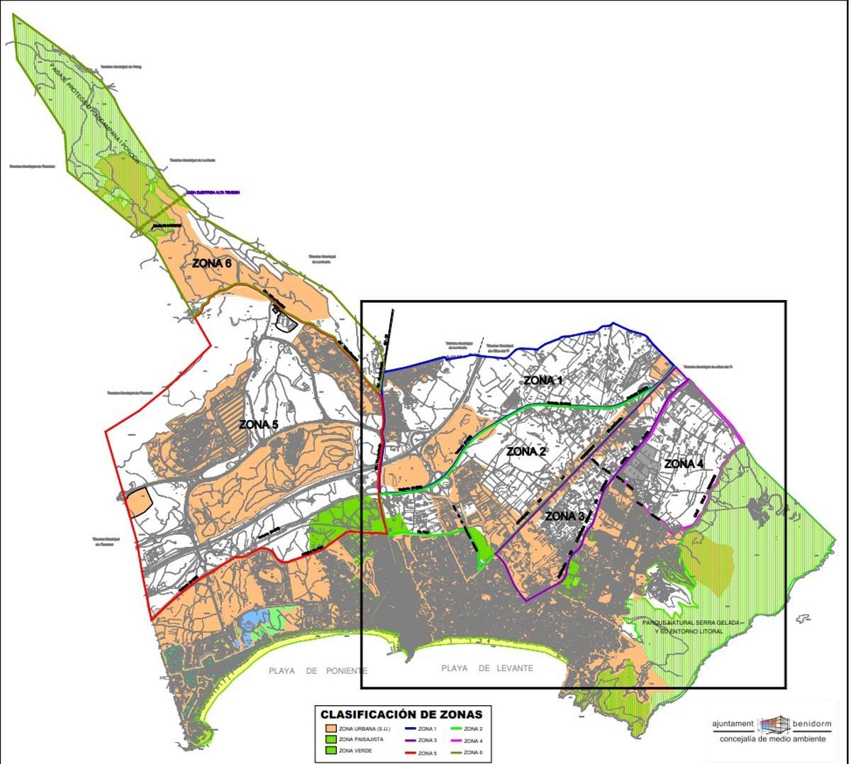 Plano en el que se muestran las distintas zonas en las que se ha dividido Benidorm.