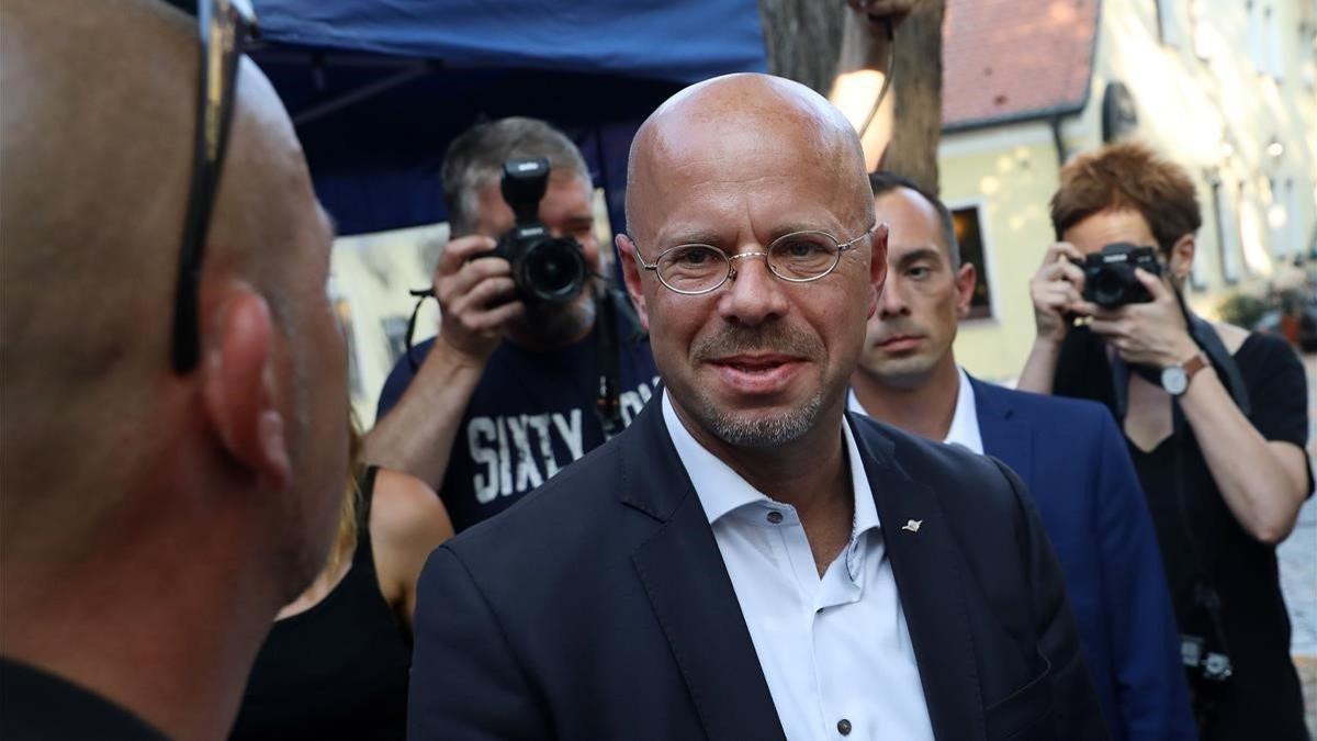 El candidato de AfD en Brandenburgo, Andreas Kalbitz, en el cierre de campaña el viernes.