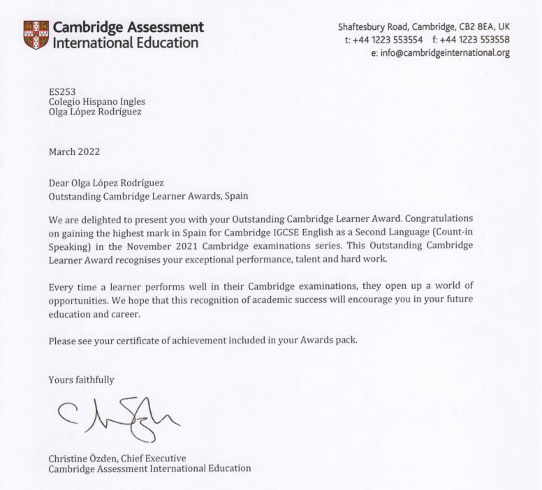 Carta de la Universidad de Cambridge.