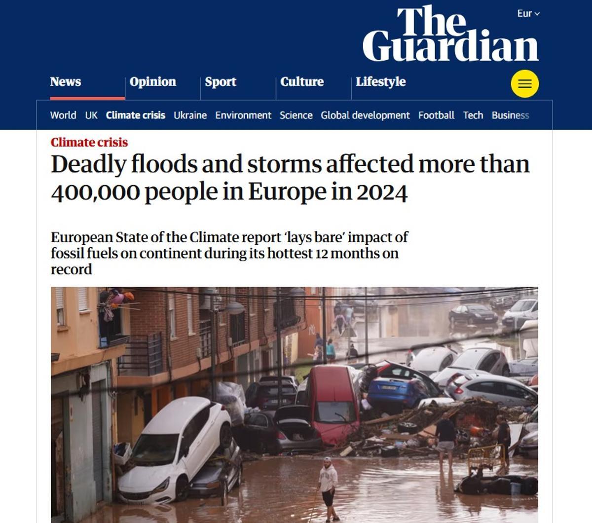 Portada digital de The Guardian con el informe de Copernicus señalando a la dana de Valencia