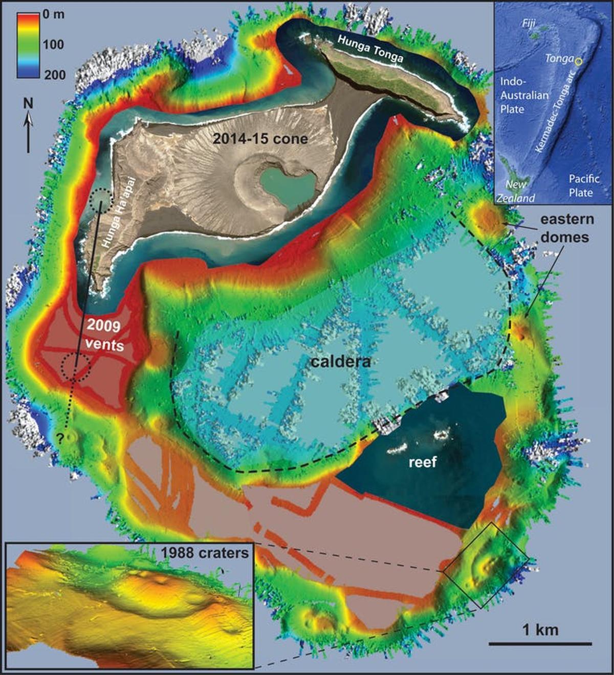 Cartografía del volcán de Tonga.