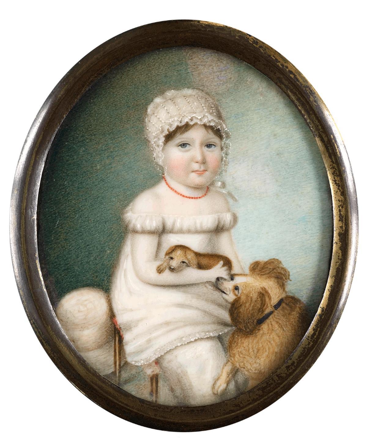 Niña de pie con collar de perlas- Acuarela- S. XIX.