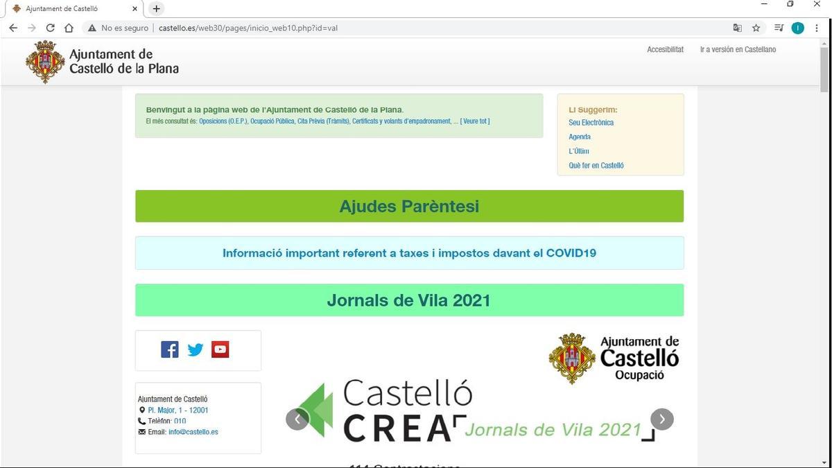 Imagen de la portada de la web del Ayuntamiento de Castelló, esta mañana.