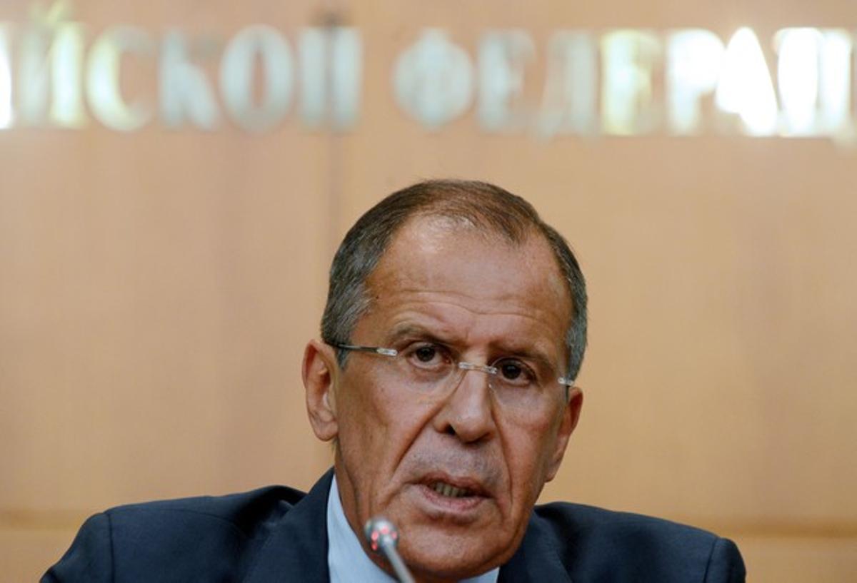 El ministre rus d’Exteriors, Serguei Lavrov, durant una roda de premsa, dilluns a Moscou.