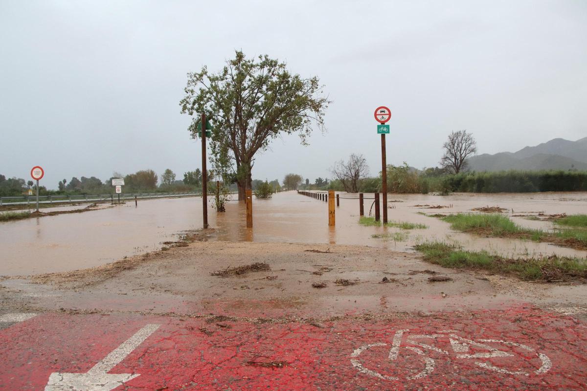 Carril bici anegado, este viernes en las Terres de lEbre, tras las lluvias de estos días.