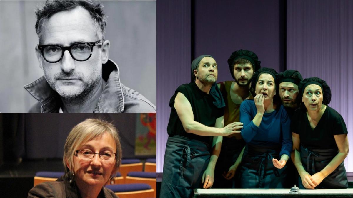 Roland Schimmelpfennig, Ánxeles Cuña y, al lado, el elenco de Sarabela Teatro en una escena de "O dragón de ouro".