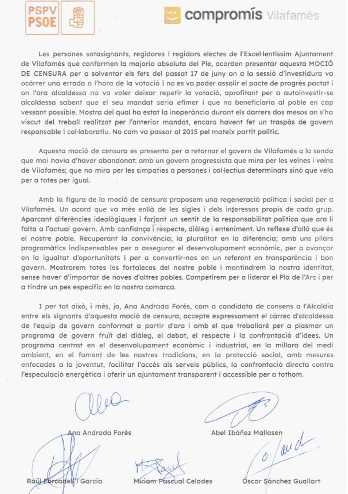 Texto de la moción de censura en Vilafamés