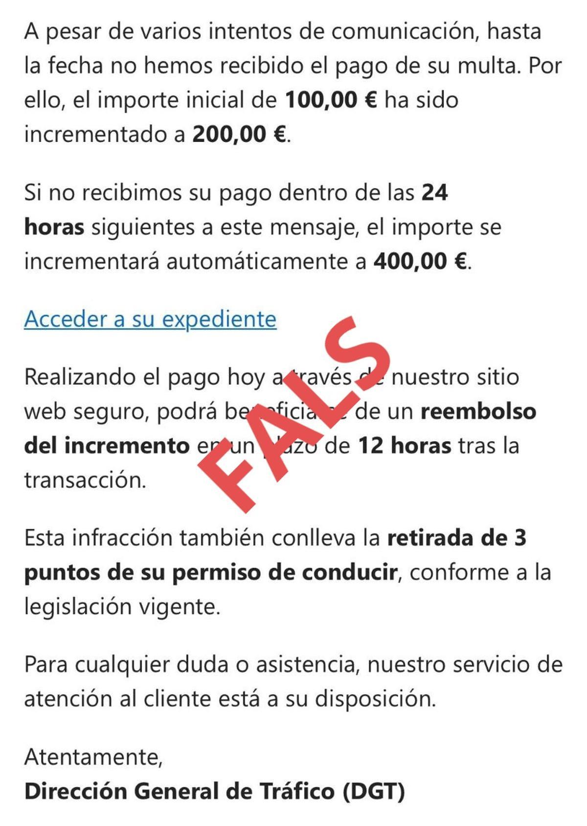 El missatge dels estafadors de la DGT