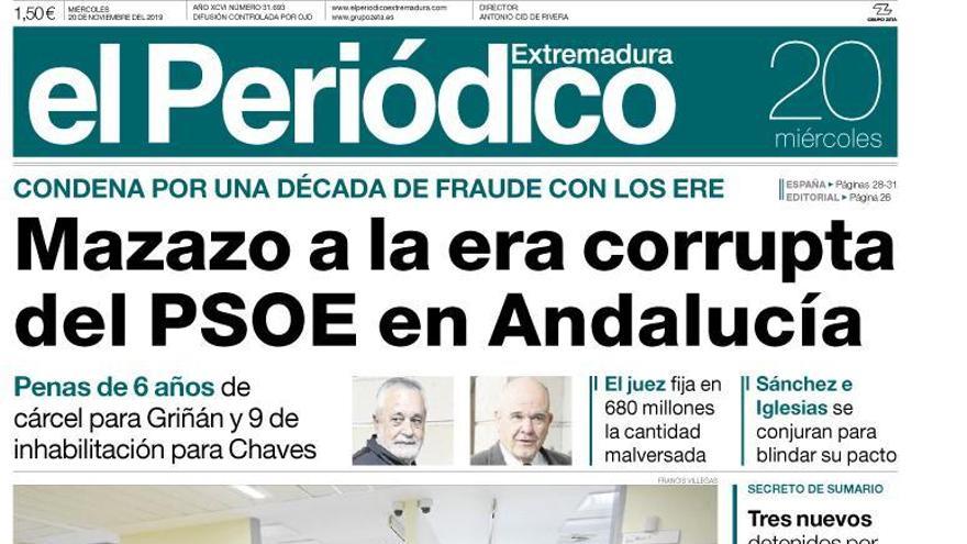 Esta es la portada de EL PERIÓDICO EXTREMADURA correspondiente al día 20 de noviembre del 2019