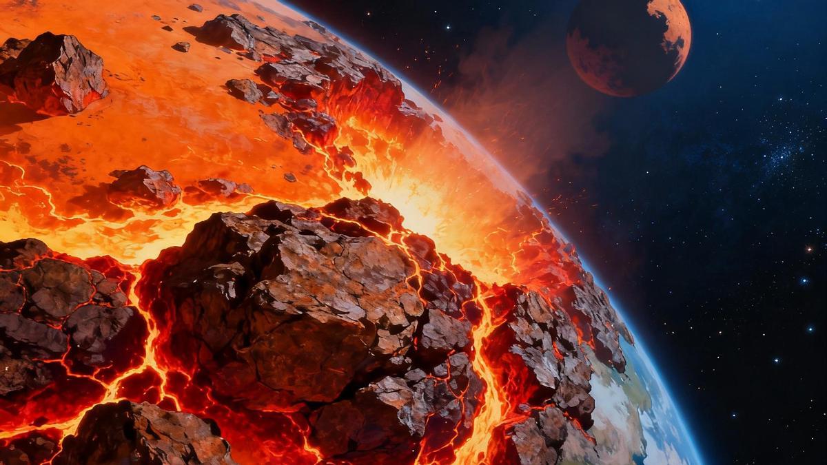 Recreación artística del impacto gigante que transformó a la proto-Tierra. Un nuevo estudio ha encontrado, por primera vez, restos químicos de este mundo primigenio que sobrevivieron al cataclismo.
