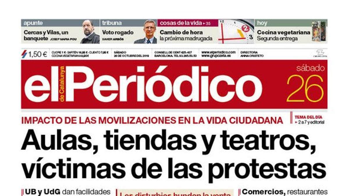 La portada de EL PERIÓDICO del 26 de octubre del 2019