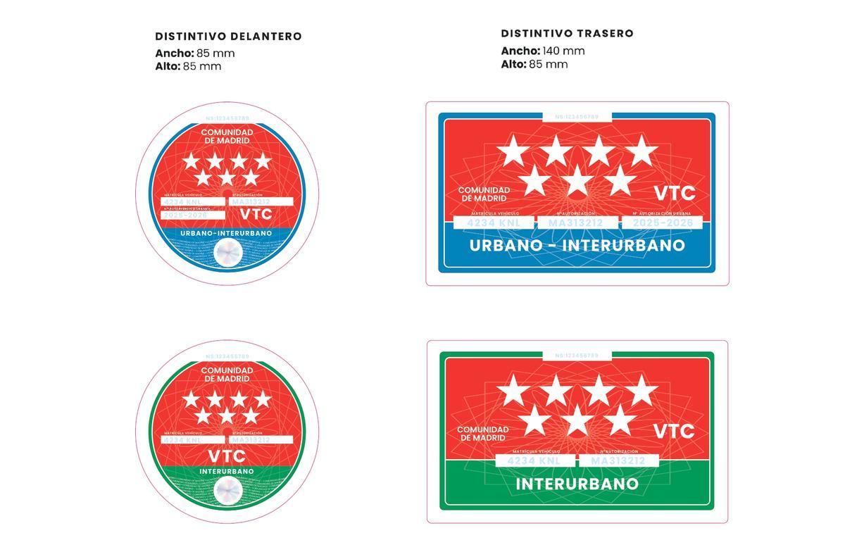 Nuevos distintivos que tendran que lucir los VTC de Madrid a partir de julio.