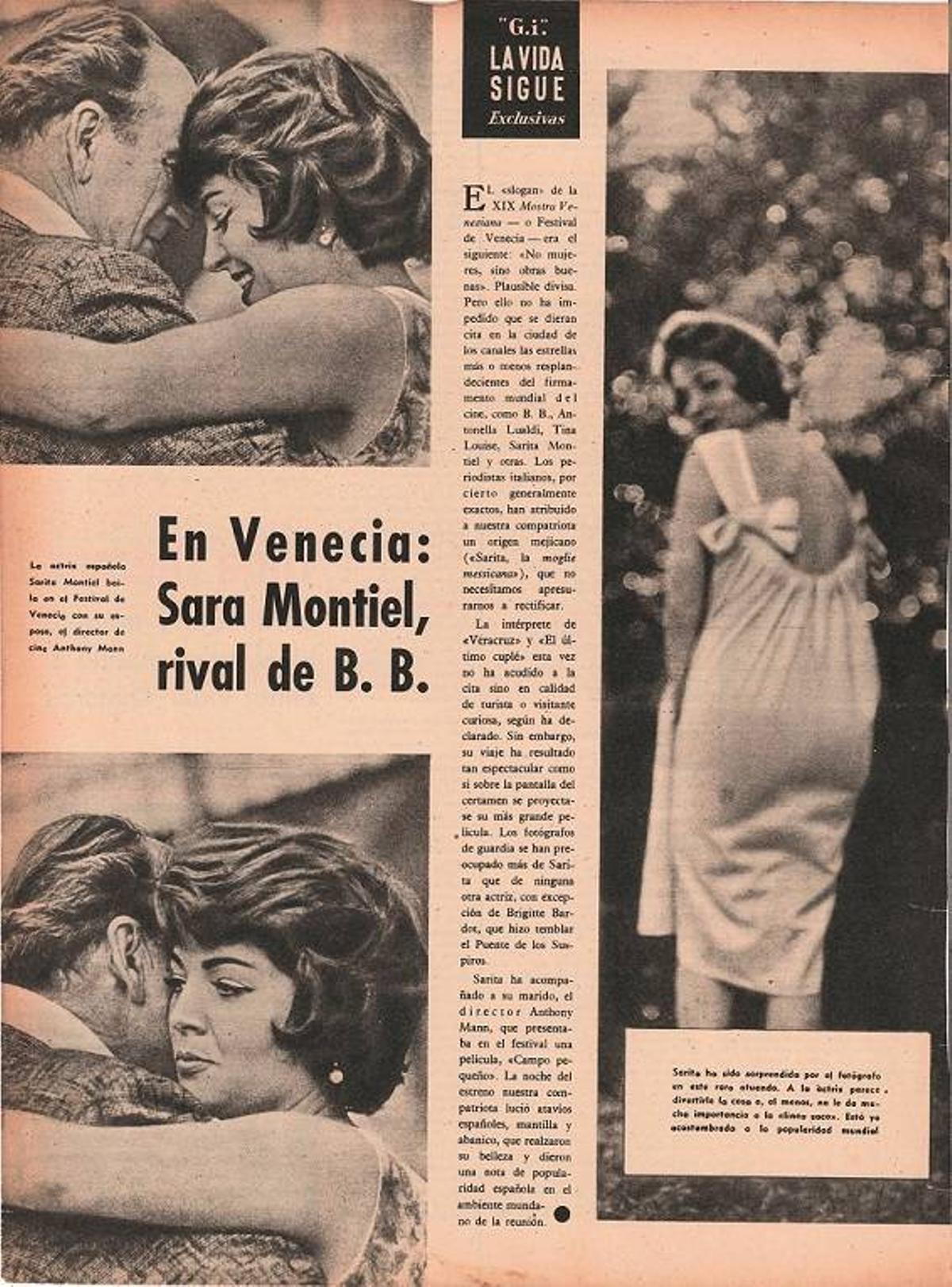 La prensa española reflejó el paso de Sara Montiel por Venecia. En esta publicación se sugiere que rivalizó con la actriz francesa Brigitte Bardot. En las fotografías aparece bailando con su entonces marido Anthony Mann.