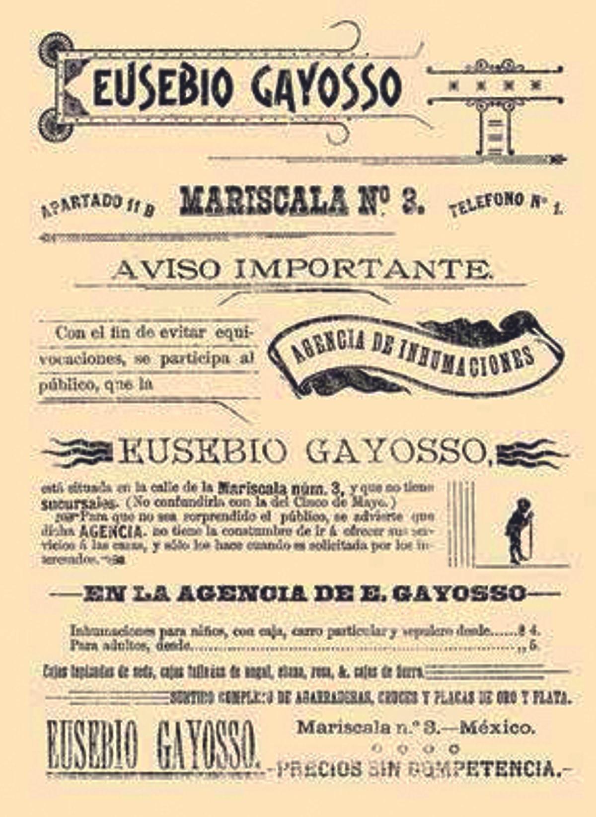 Un antiguo anuncio de la empresa funeraria Gayosso hacia 1916