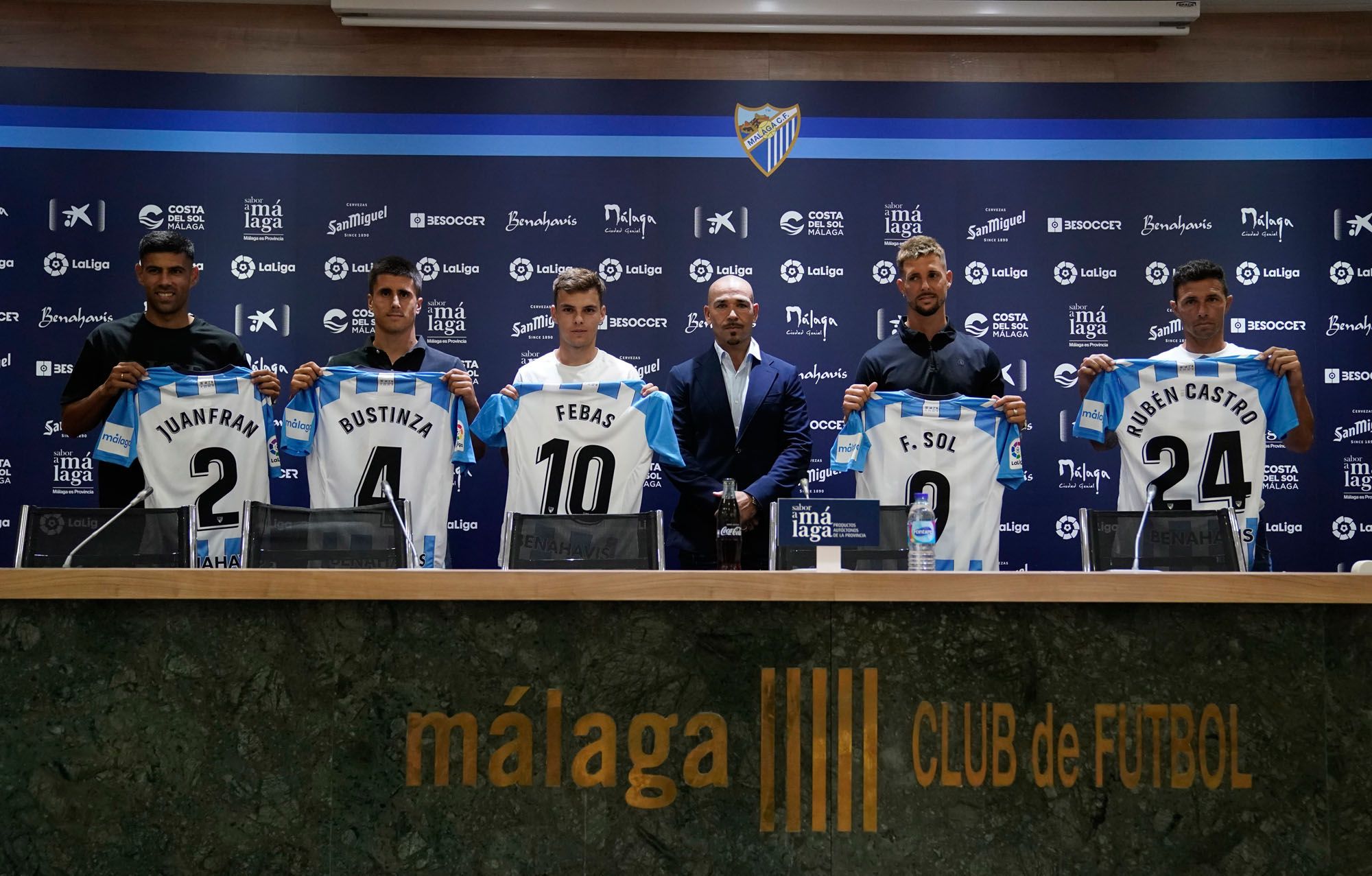 Presentación de Juanfran Moreno, Unai Bustinza, Aleix Febas, Fran Sol y Rubén Castro, fichajes del Málaga CF