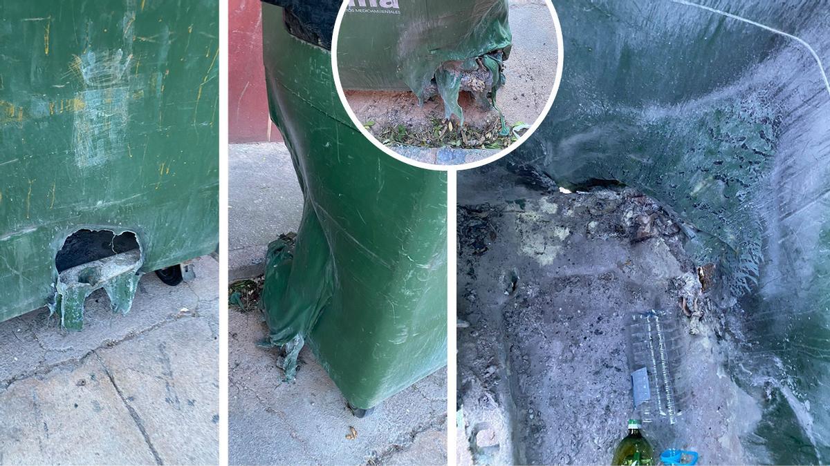 Imágenes de los contenedores dañados debido al depósito de brasas procedentes de chimeneas.