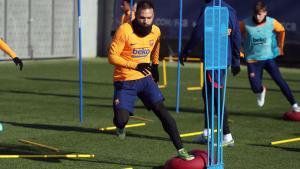 Martin Braithwaite en el entrenamiento de este sábado.