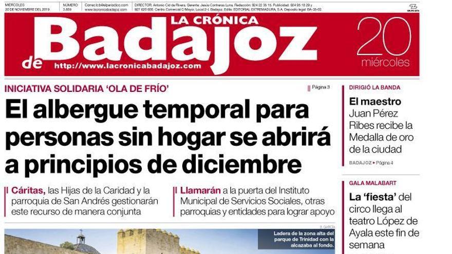 Esta es la portada de LA CRÓNICA DE BADAJOZ correspondiente al día 20 de noviembre del 2019