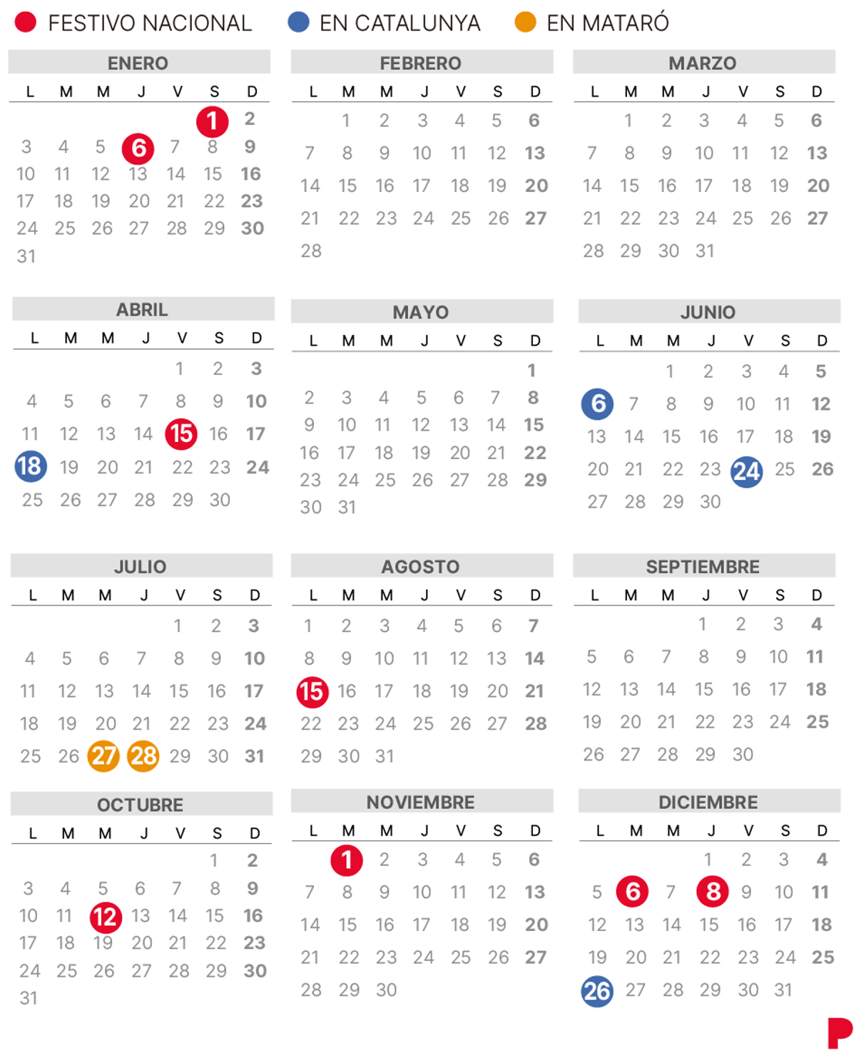 Calendari laboral de Mataró del 2022 (amb tots els dies festius)
