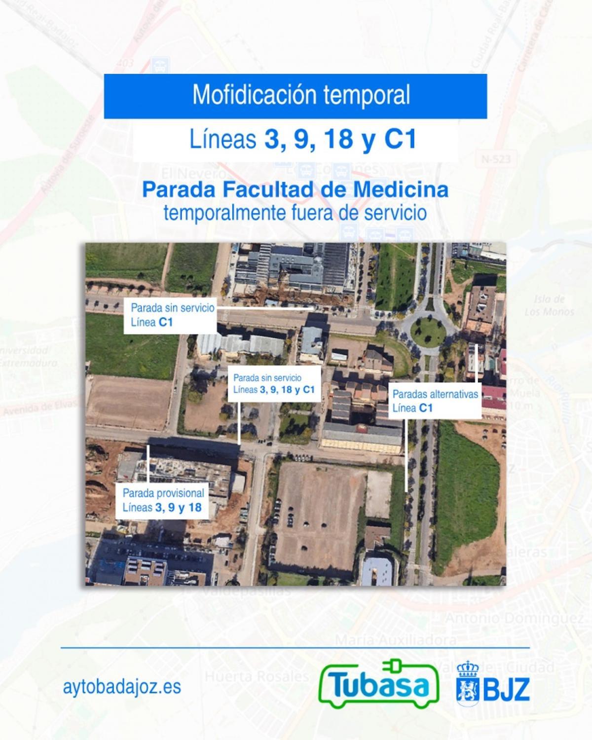 Modificación temporal de la parada de la Facultad de Medicina.