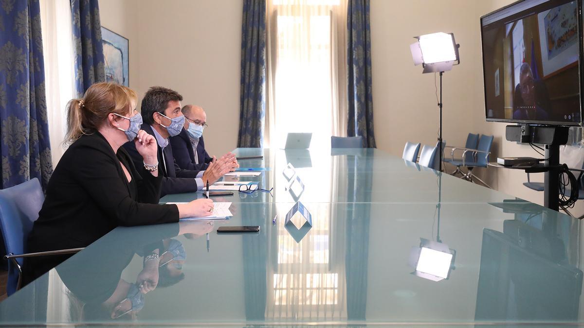 Ana Serna, Carlos Mazón y Joaquín Melgarejo, ayer durante la reunión telemática con Hugo Morán