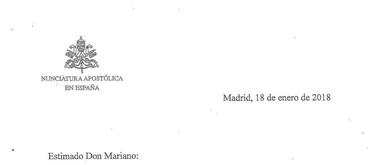 La carta que el nuncio remitió en enero a Mariano de España.