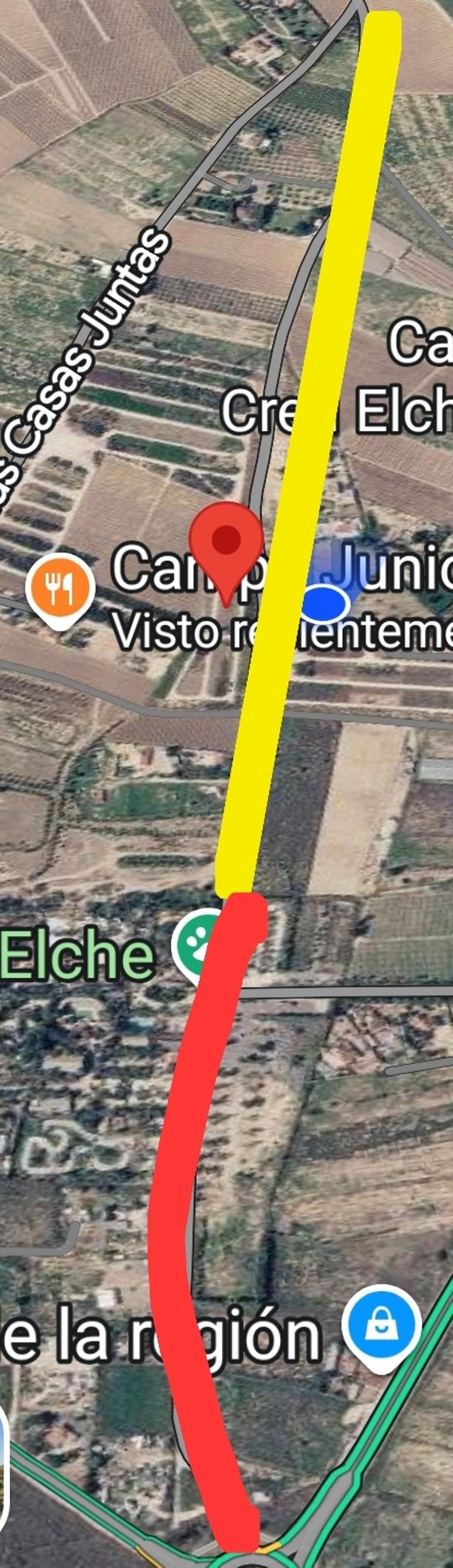 Mapa del camino de Elche recién asfaltado (en rojo) y por asfaltar (en amarillo)