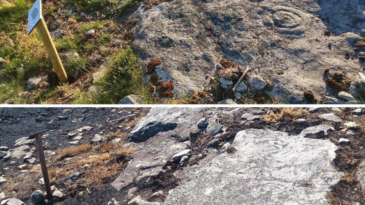 Antes y después del petroglifo de Fondao tras el incendio originado en Padrón a mediados de este mes