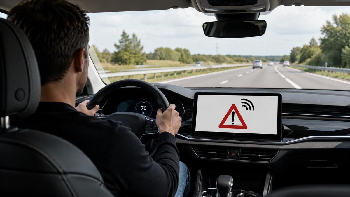 Imagen generada con Inteligencia Artificial de un triángulo virtual alertando de un coche parado en la carretera