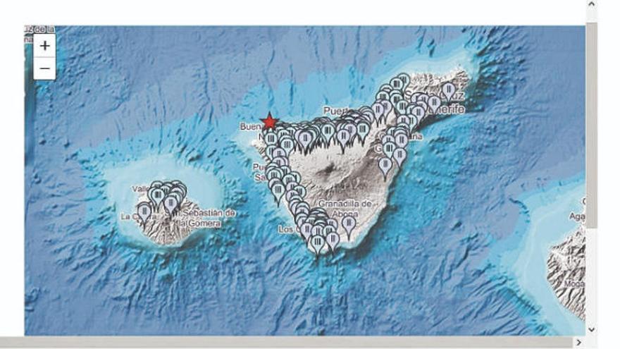 El mapa de intensidades y poblaciones donde se intió el temblor de Buenavista del Norte, elaborado por el IGN.